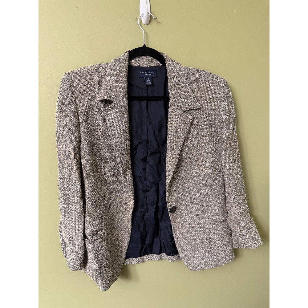 Anne Klein II Petites Vintage Wool Blend Tweed Blazer Grey Cream Size 8P USA